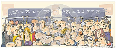 Sleeping people in subway, railway, train. Cartoon Illustration