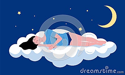 Sleeping person illustration. Cartoon sleeping and dreaming young girl flying in night sky, insomnia or sleep well Vector Illustration