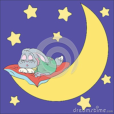 Sleeping rabbit on the moon drawing for children Vector Illustration