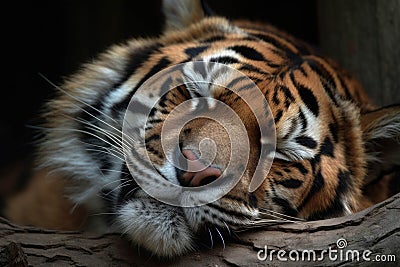 A sleeping sabertoothed tiger moved restlessly its impressive canines twitching under the soft fur of its muzzle.. AI Stock Photo