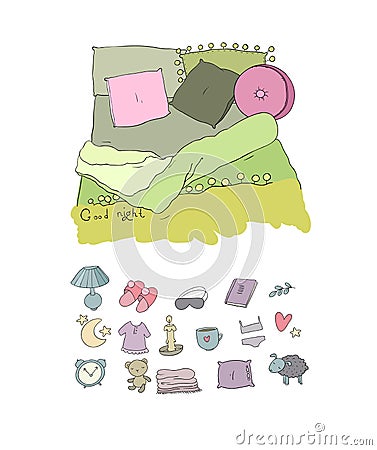 Sleeping set. Cozy pillows and a blanket. Good night. Sweet Dreams. Time to sleep. Vector Illustration