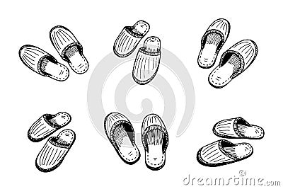 Sleeping slippers couple set hand drawn sketch. Home shoes pair black and white doodle collection. Vector illustration Vector Illustration