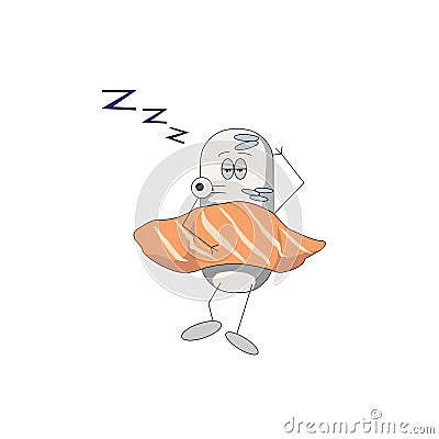 Sleeping sushi under salmon blanket on isolated white background, cartoon topic, illustration for logos, characters, Vector Illustration