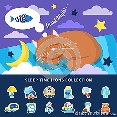 Sleeping Time Flat Icons Collection Vector Illustration