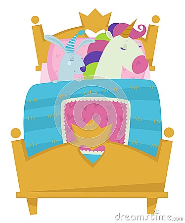 Sleeping unicorn and rabbit, fairy tale characters Vector Illustration
