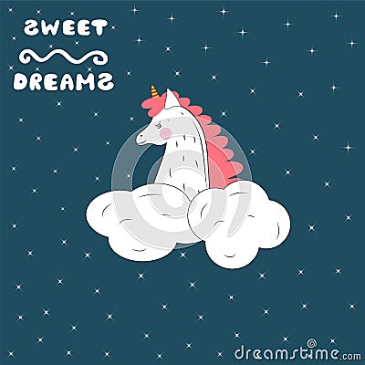 A sleeping unicorn in the starry sky. Vector illustration. Vector Illustration