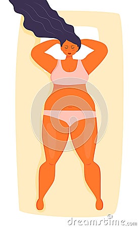 Sleeping woman concept vector. Fat,oversize girl is relaxing on the bed. Comfortable bedtime illustration. Vector Illustration