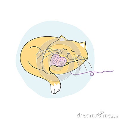 Sleeping yellow cat hugs a knitted pink heart. Vector Illustration