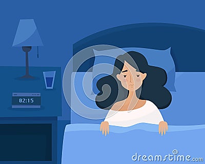 Sleepless girl suffers from insomnia. Vector Illustration