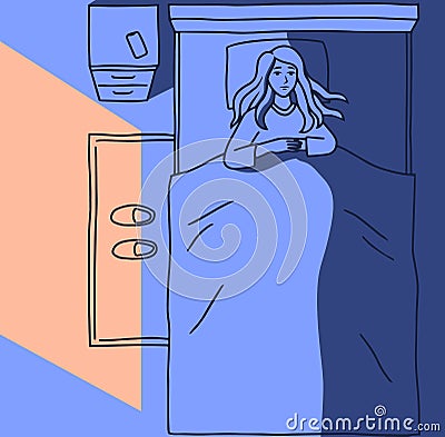 Sleepless girl suffers from insomnia. Woman in bed with open eyes in darkness night room. Cartoon style vector Vector Illustration