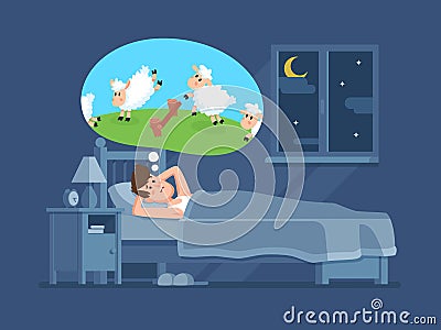 Sleepless man in bed trying to fall asleep counting sheeps. Count sheep for insomnia cartoon vector concept Vector Illustration