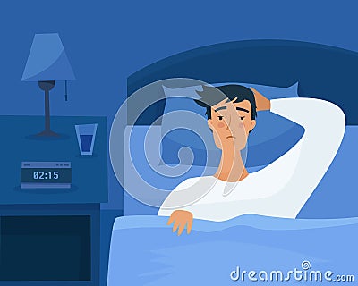 Sleepless man suffers from insomnia in bed Vector Illustration