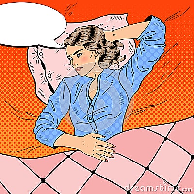 Sleepless Young Woman Lying in Bed. Insomnia. Pop Art retro illustration Vector Illustration