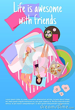 Sleepover party brochure template. Life with awesome with friends lettering. Girlfriends eat pizza. Girls night. Flyer, booklet, Vector Illustration