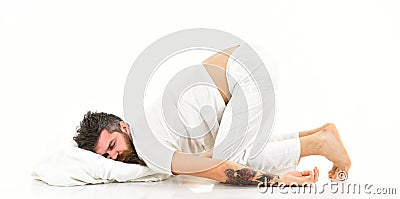 Sleeps like baby concept. Man with beard and mustache Stock Photo