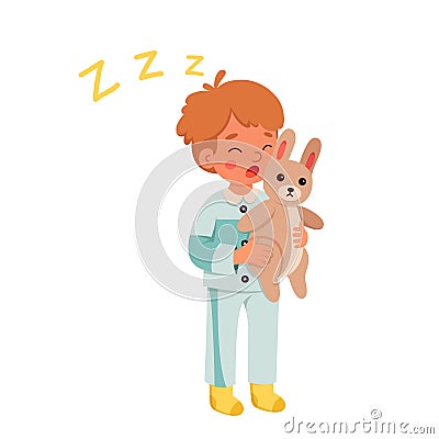 Sleepy boy with bunny at bedtime, cute kid in blue pajamas holding toy to sleep togerther Vector Illustration