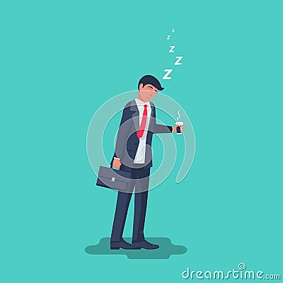 Sleepy businessman in a suit with a briefcase stands with a cup of coffee Cartoon Illustration