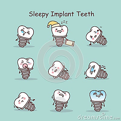 Sleepy cartoon tooth implant set Vector Illustration