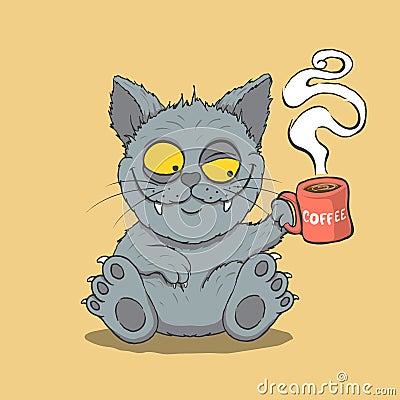 Sleepy cat drinks coffee in the morning Vector Illustration