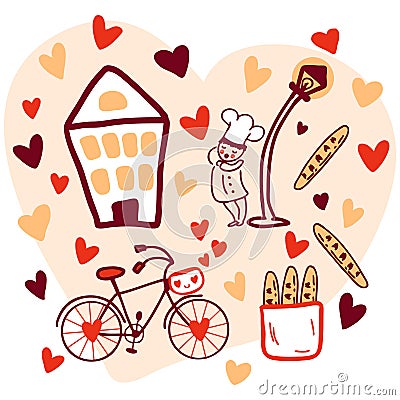 A sleepy cook and a bicycle in love heart-shaped pattern for Valentine Day. Perfect for T-shirts, stickers, posters, cards Vector Illustration