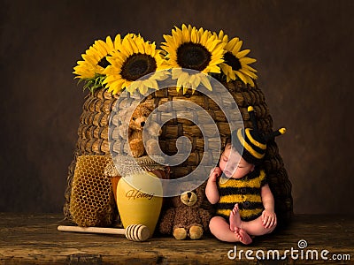 Baby bee and antique beehive Stock Photo