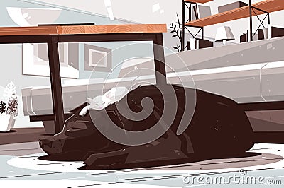 Sleepy dog and cat daydreaming in living room Vector Illustration