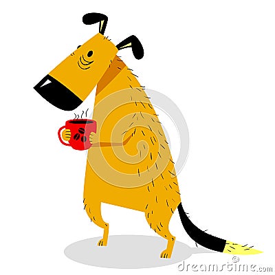 Sleepy dog with a cup of coffee. Cute sad pet standing on its hi Vector Illustration