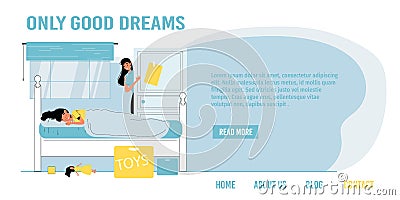 Sleepy girl in bed good dream landing page design Vector Illustration