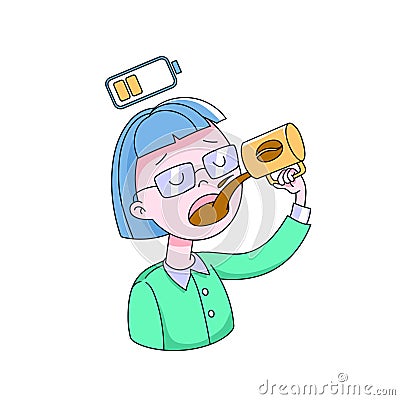 Sleepy girl drinks coffee Cartoon Illustration