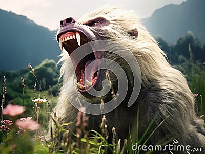 A sleepy greyish baboon yawning Cartoon Illustration