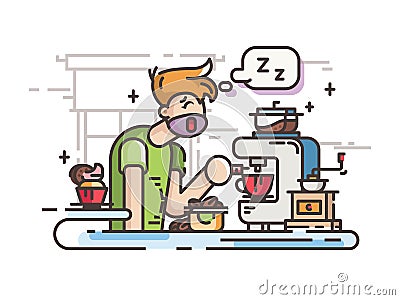 Sleepy guy making coffee Vector Illustration