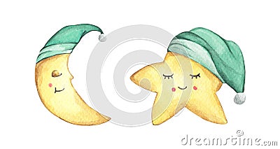 Sleepy half moon and little star in green nightcap. watercolor illustration. Cartoon Illustration