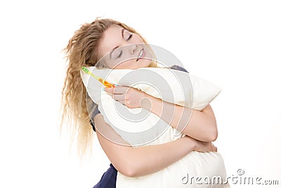 Sleepy happy woman hugging white pillow Stock Photo