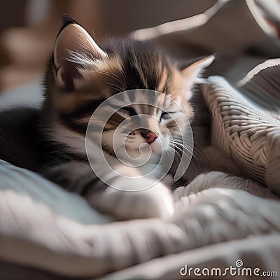 A sleepy kitten curled up in a cozy bed, with a soft pillow under its head2 Stock Photo