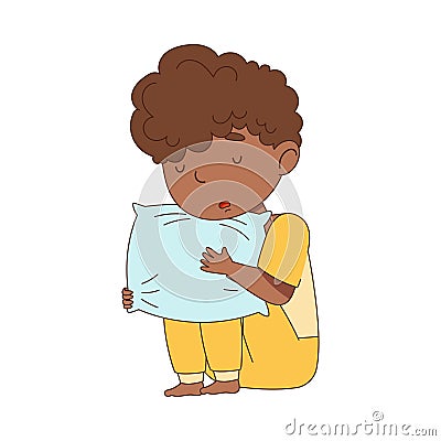 Sleepy Little African American Boy in Pajamas Sitting and Hugging Pillow Vector Illustration Vector Illustration