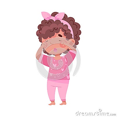Sleepy Little African American Girl Wearing Pajamas Rubbing Her Eyes with Fist and Yawning Vector Illustration Vector Illustration