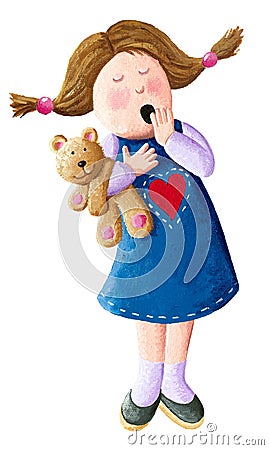 Sleepy little girl with wide open mouth yawning eyes closed holding teddy bear, looking bored isolated on white background Cartoon Illustration