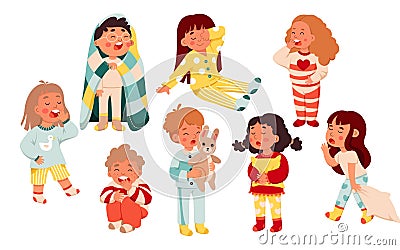 Sleepy little kids set, girls and boys in pajamas yawn and ready to rest and sleep in bed Vector Illustration