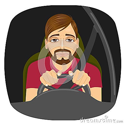 Sleepy male driver dozing off while driving Vector Illustration