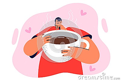 Sleepy man with cup of coffee inhales aroma invigorating beverage, drink large portion of espresso Vector Illustration