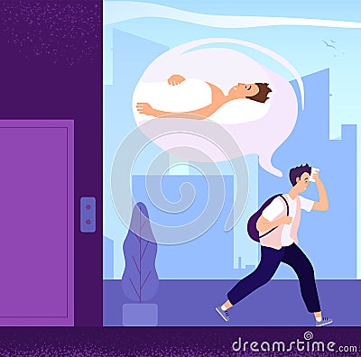 Sleepy man. Guy wishing sleep walking to office in morning. Tired adult sad person desirous rest. Cartoon vector concept Vector Illustration