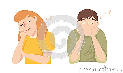 Sleepy Man and Woman Snoring and Having Nap Feeling Need for Sleep Vector Illustration Set Vector Illustration