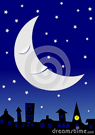 Sleepy moon over townscape Stock Photo