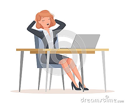 Sleepy Office Woman in Suit at Desk with Laptop Yawning Engaged in Workflow Vector Illustration Vector Illustration