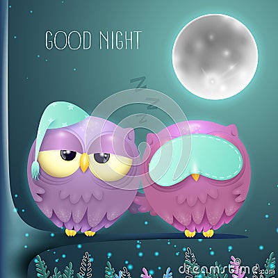 Sleepy owls couple on a branch with a full moon night background Stock Photo