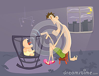Sleepy parent and crying baby Vector Illustration