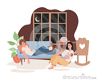 Sleepy parents spending time at night with child in living room vector flat illustration. Parenthood, parenting concept. Vector Illustration