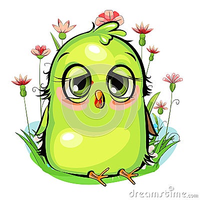 Sleepy parrot. Funny chick. Wants to sleep. Cute and funny baby bird. The isolated object on a white background Vector Illustration