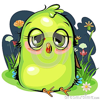 Sleepy parrot. Funny chick. Wants to sleep. Cute and funny baby bird. The isolated object on a white background Vector Illustration