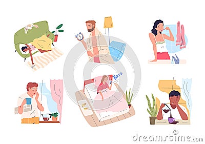 Sleepy people morning. Tired man or sleepy woman alarm wake-up in monday, lazy yawn person drinking coffee wake to work Vector Illustration